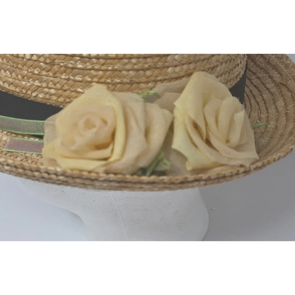 Ellen Deering Original Straw Boater Hat Womens 7-1/8 Tan Floral Ribbon